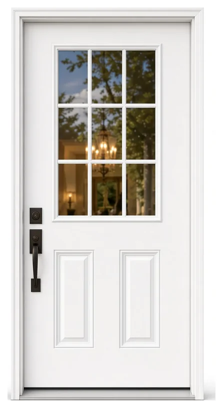 White fiberglass entry door with a nine-lite glass top, two raised panels and a dark handle set