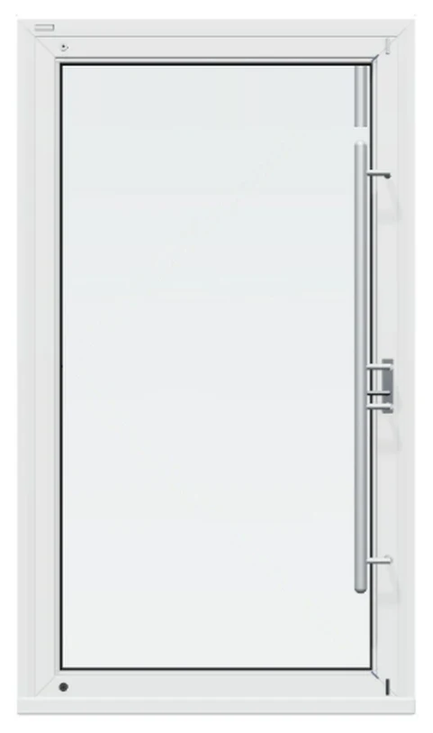 White single impact pivot door with one tall glass panel and a long vertical pull handle