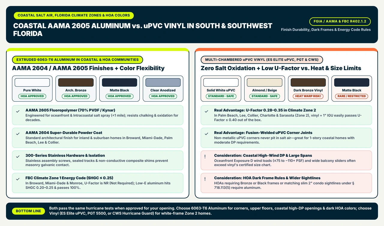 Comparison of Coastal AAMA 2604 and AAMA 2605 70% PVDF Kynar aluminum finishes in White, Bronze, Black, and Clear Anodized versus uPVC vinyl color restrictions, heat-warp risk in dark colors, and Climate Zone 1 vs Zone 2 rules.