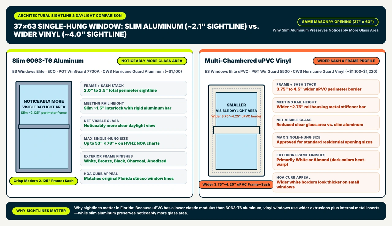 Side-by-side elevation comparison of a 37x63 single-hung window in slim 2.125-inch extruded aluminum preserving noticeably more visible daylight glass area versus a wider 4.0-inch multi-chambered vinyl frame.