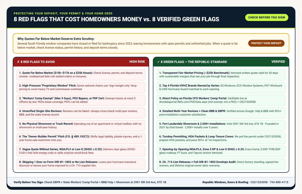 Side-by-side comparison of 8 South Florida contractor red flags versus Republic's 8 verified written standards.