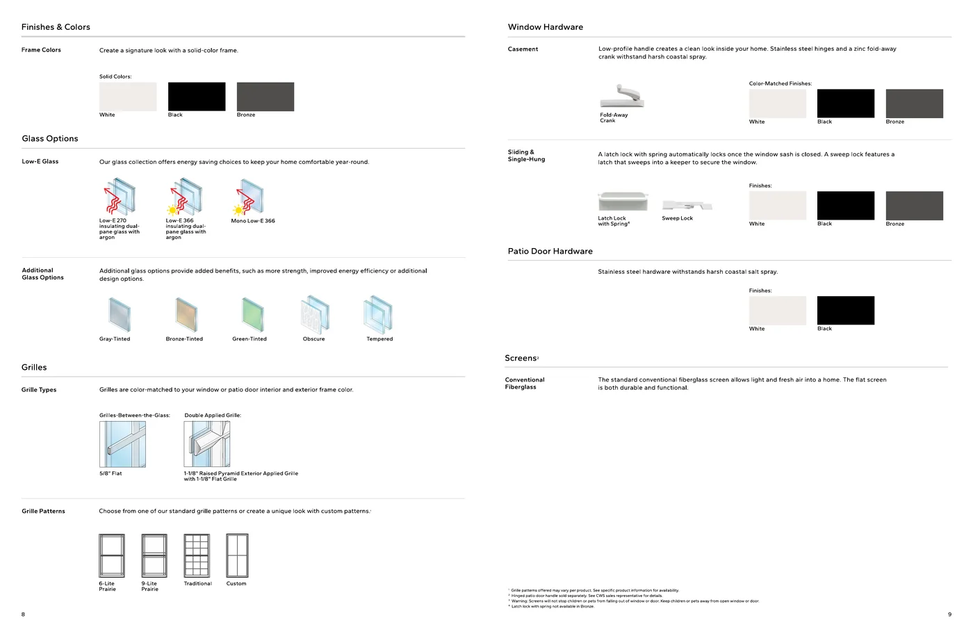 Official CWS Hurricane Guard Aluminum brochure pages 8 and 9 showing White, Black, and Bronze frame colors, Low-E 270, Low-E 366, and Mono Low-E 366 glass, grille patterns, fold-away crank, and latch lock with spring.