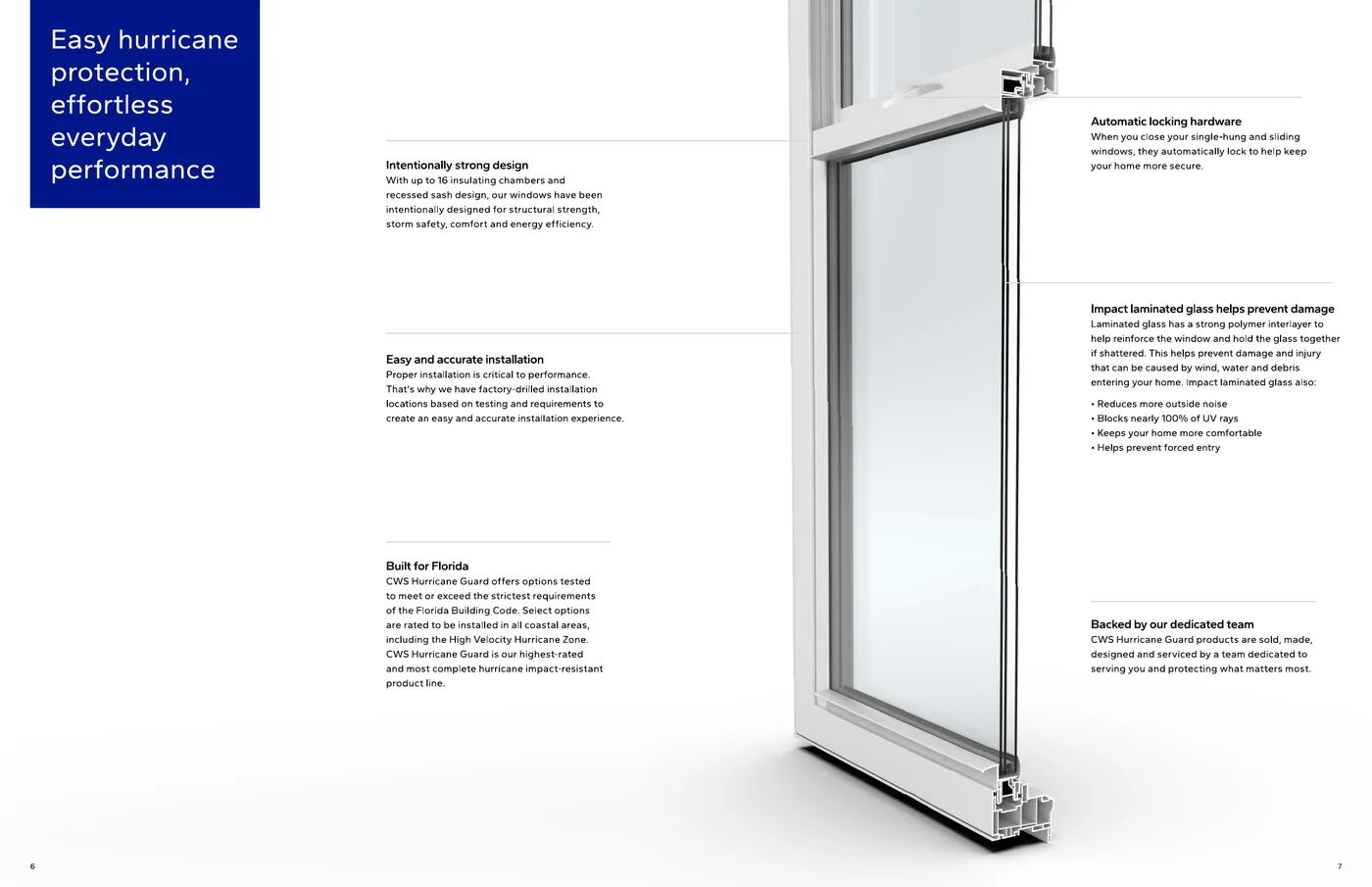 Official CWS Hurricane Guard Vinyl brochure cutaway showing up to 16 insulating chambers, recessed sash design, automatic locking hardware, factory-drilled installation locations, and laminated impact glass.