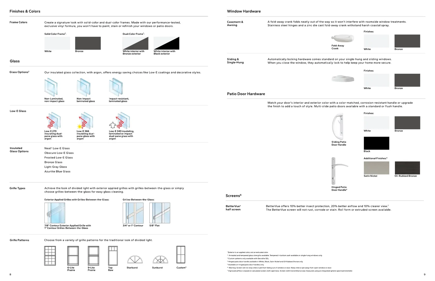 Official CWS Hurricane Guard Vinyl brochure pages 8 and 9 showing Solid White and Bronze plus Dual-Color Black/White and Bronze/White frames, Low-E 270/366/340 insulated glass, Satin Nickel and Oil-Rubbed Bronze handles, and BetterVue screens.
