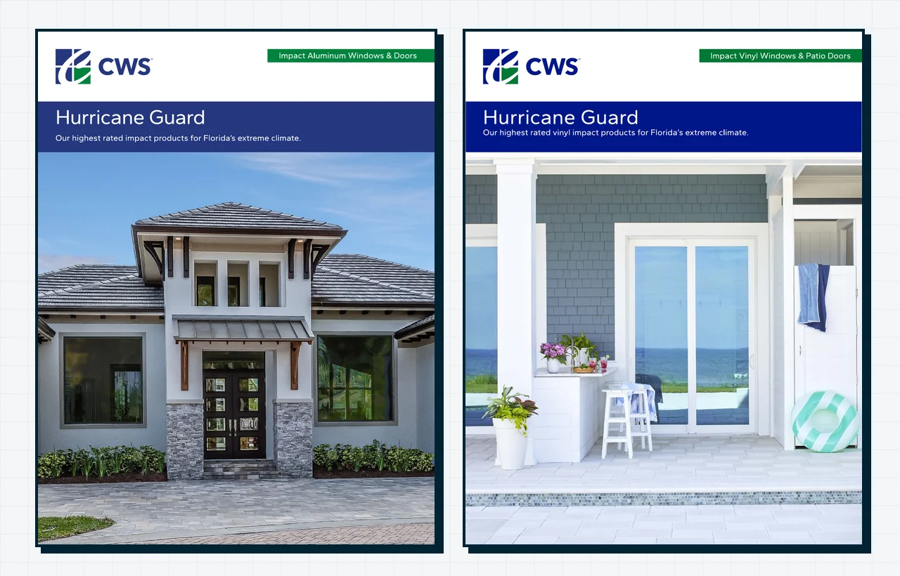 Official CWS Hurricane Guard Impact Aluminum Windows & Doors brochure cover (Medley/Miami plant) alongside the CWS Hurricane Guard Impact Vinyl Windows & Patio Doors brochure cover (Ocala plant), both backed by Pella Corporation.