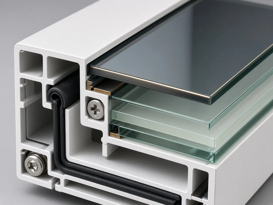 Macro corner cutaway of an insulated laminated hurricane window showing Low-E outer glass, warm-edge spacer air gap, laminated inner glass with 0.090-inch interlayer, and multi-chamber aluminum frame.