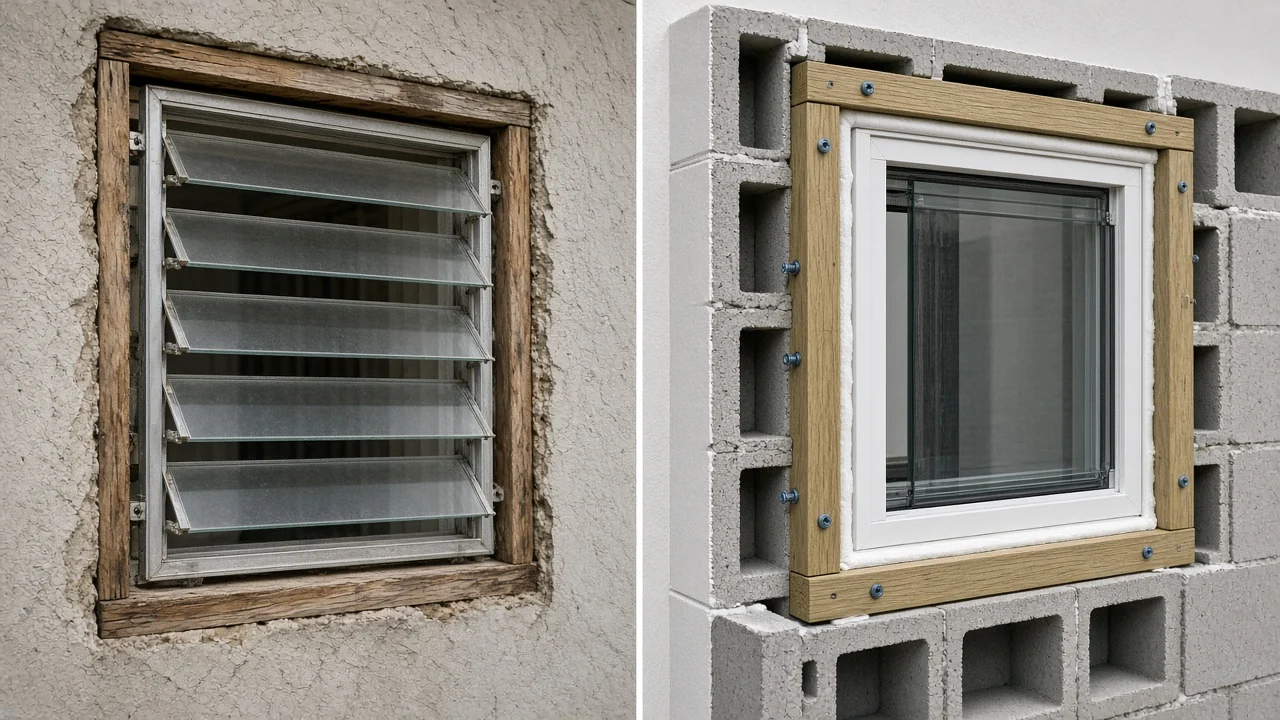 Side-by-side cutaway comparing a legacy pre-1992 jalousie louver window on weathered wood versus a modern HVHZ impact window frame anchored through pressure-treated wood bucking into concrete block with blue Tapcon screws.