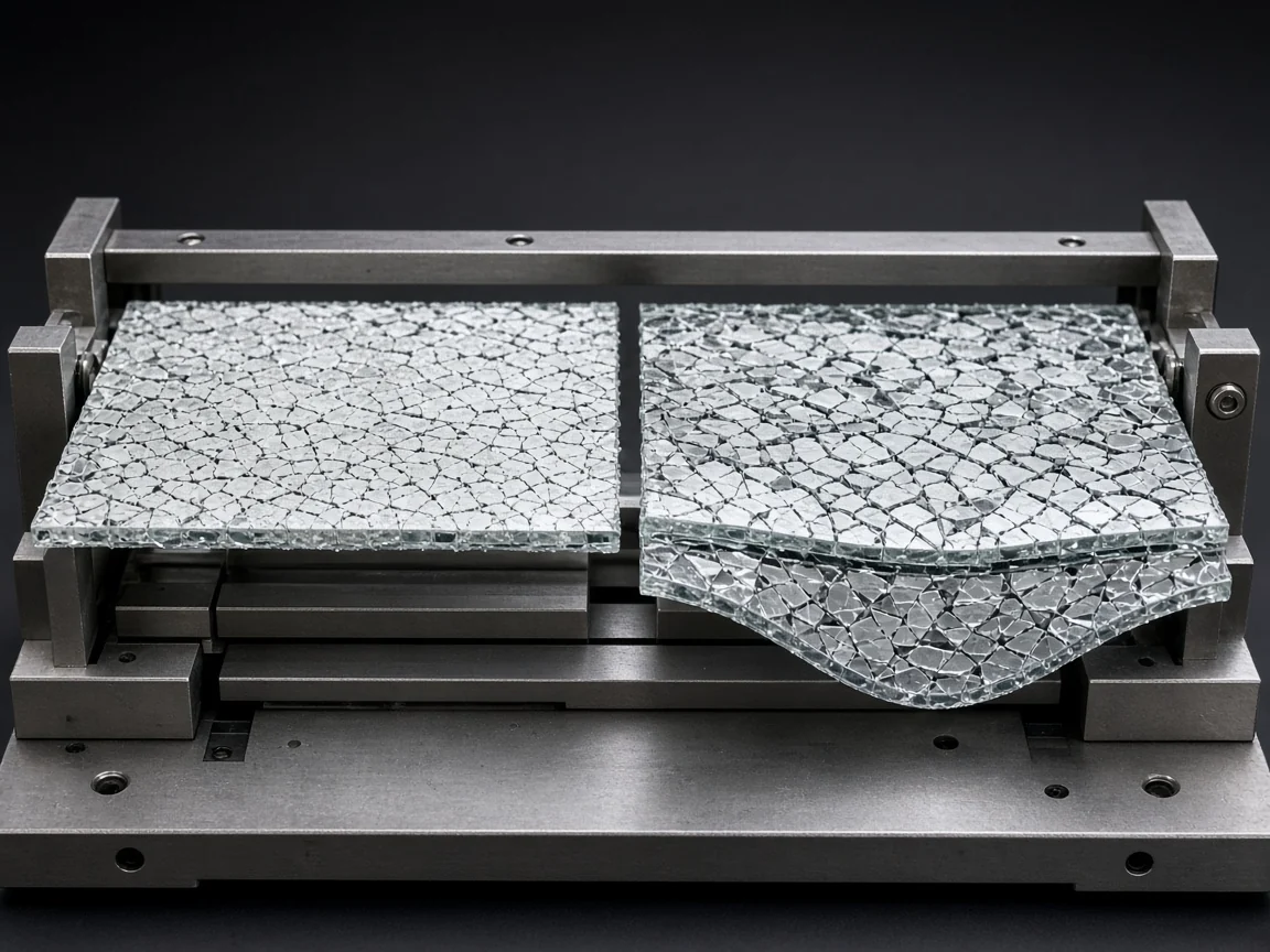 Side-by-side laboratory test rig comparing a shattered laminated glass panel with a rigid SentryGlas SGP interlayer staying completely flat on the left versus a shattered PVB interlayer panel flexing downward on the right.