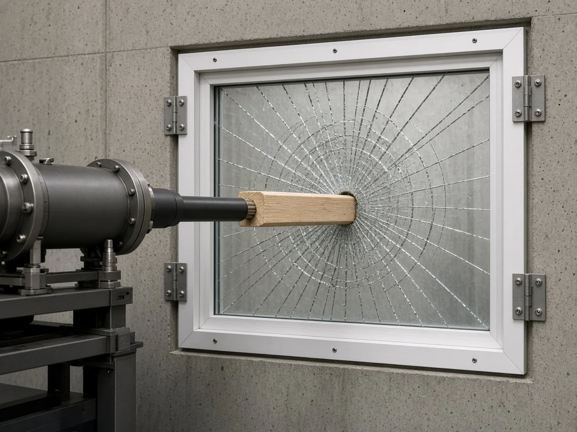 Laboratory pneumatic cannon firing a 9-pound 2x4 lumber missile at 50 feet per second into a laminated HVHZ impact window under Miami-Dade TAS 201.
