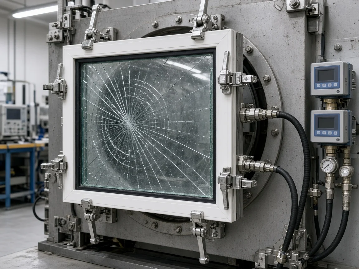 Spiderweb-cracked HVHZ impact window clamped to a steel positive-and-negative cyclic air pressure chamber for TAS 203 9,000-cycle testing.