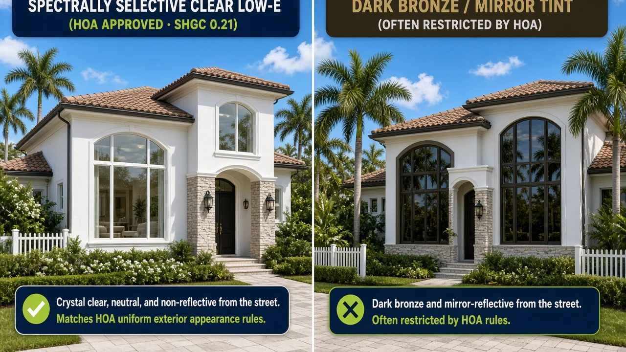 Exterior architectural comparison on a Florida white stucco home showing crystal-clear spectrally selective Low-E impact windows on the left (HOA approved, SHGC 0.21) versus dark bronze mirror-tinted glass on the right (often restricted by HOAs).