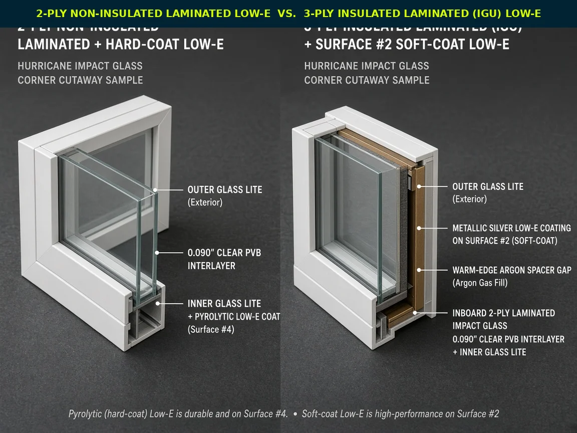 Side-by-side studio cutaway comparing 2-ply non-insulated laminated impact glass with Surface #4 pyrolytic hard-coat Low-E on the left against 3-ply insulated laminated impact glass (IGU) with Surface #2 soft-coat silver Low-E and warm-edge argon spacer on the right.