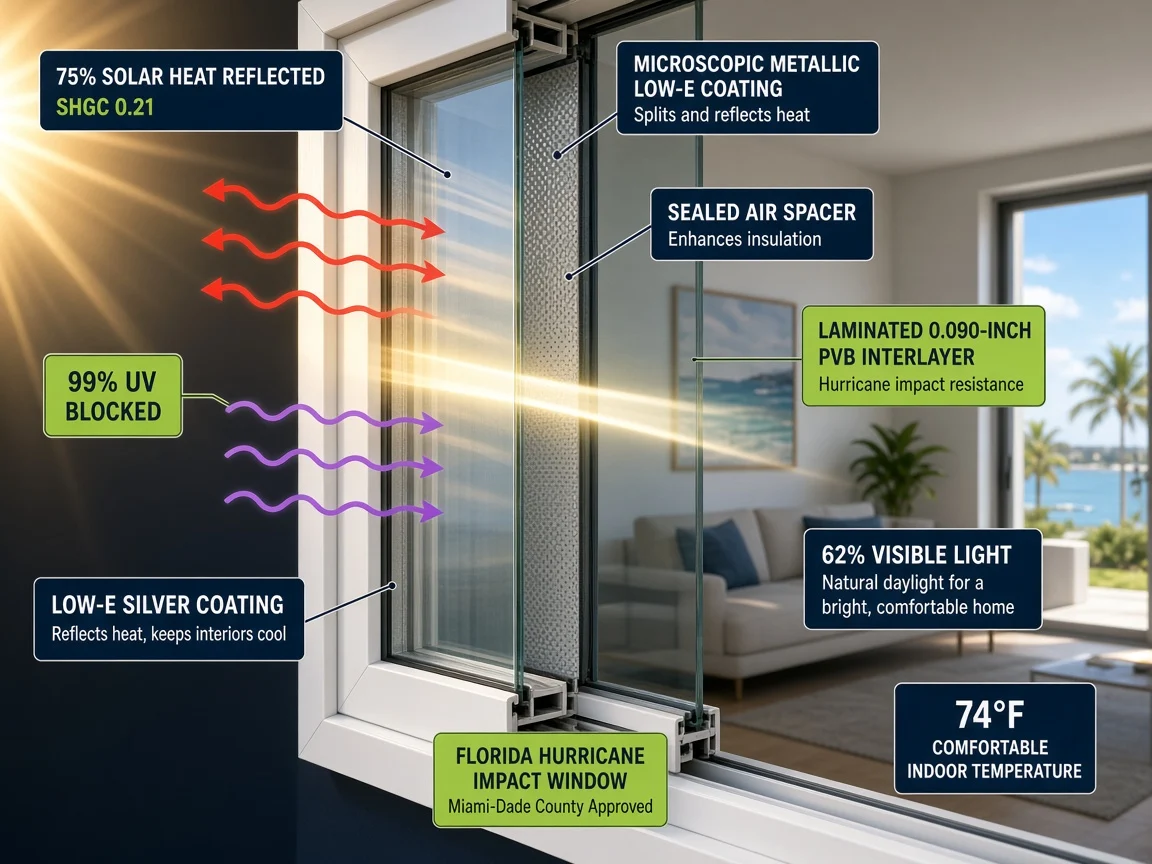 Technical cutaway of a Florida hurricane impact window with Low-E coating reflecting 75% of solar infrared heat (SHGC 0.21) and blocking 99% of UV rays while transmitting 62% natural visible daylight into a cool 74-degree Florida living room.
