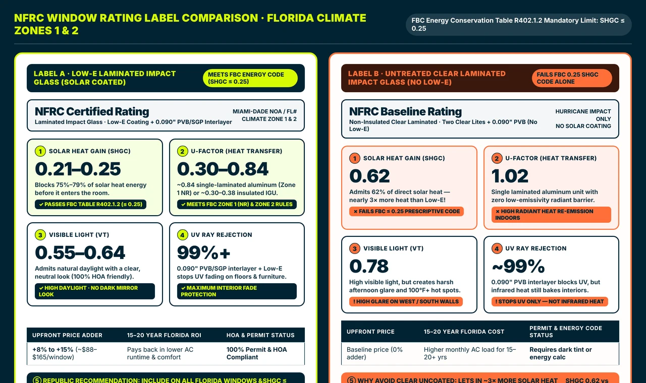 Side-by-side comparison of NFRC certified window rating labels in Florida: Label A showing Low-E Laminated Impact Glass with SHGC 0.21-0.25 passing FBC Table R402.1.2 versus Label B showing Untreated Clear Laminated Glass with SHGC 0.62 failing the 0.25 prescriptive limit.