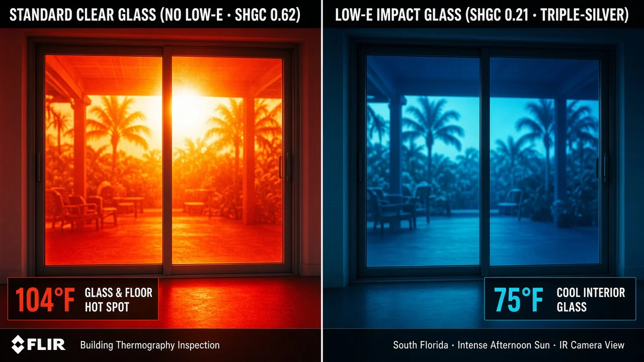 Split-screen FLIR thermal infrared camera inspection of two South Florida sliding glass doors in afternoon sun: standard clear glass on the left glowing red-hot at 104 degrees Fahrenheit versus Low-E impact glass on the right staying cool blue at 75 degrees Fahrenheit.