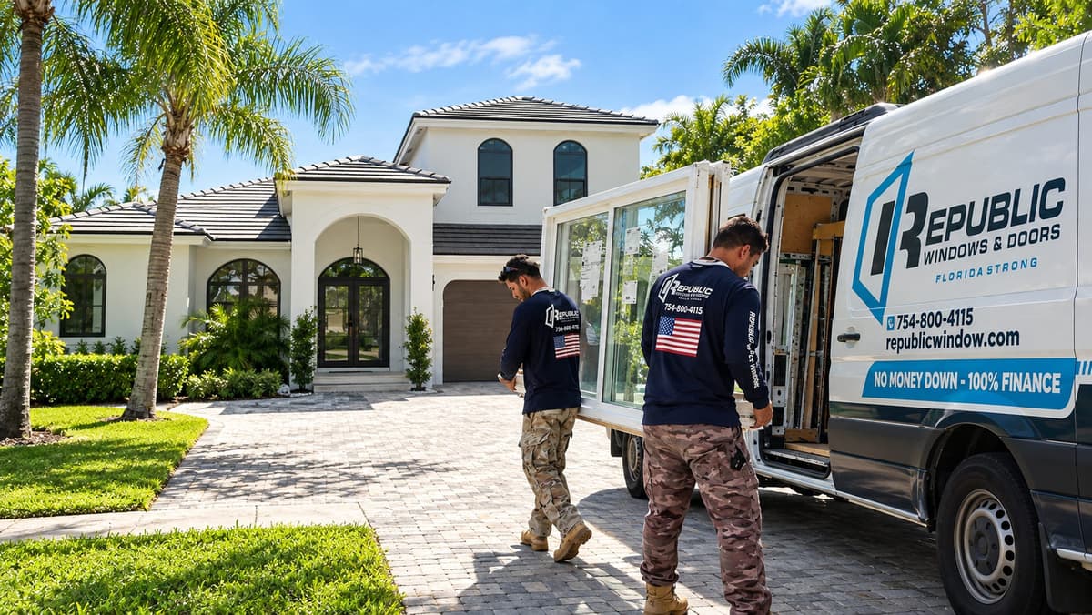Republic crew carrying an impact window from a branded van in front of a South Florida home