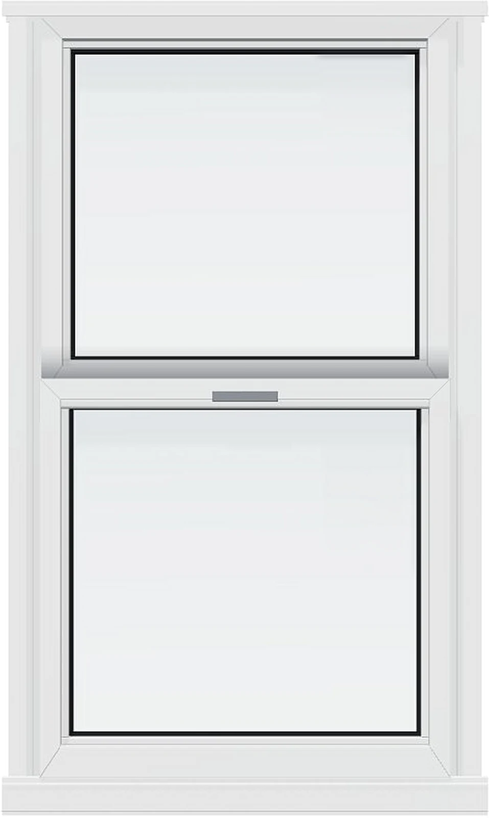 Studio cutaway view of a white aluminum single-hung impact window.